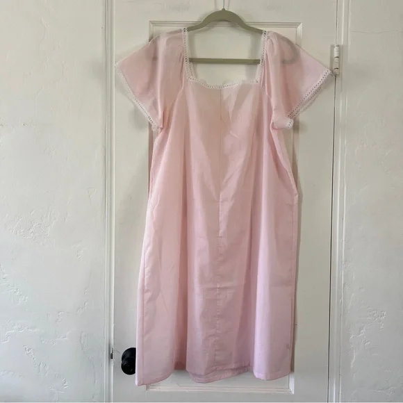 Vintage pink cotton blend flutter sleeve midi nightgown negligee white lace M